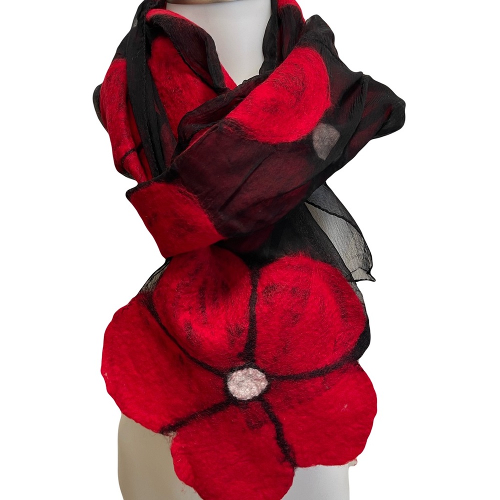 Elegant Red and Black Nuno Felted Merino Wool and Silk Floral Scarf